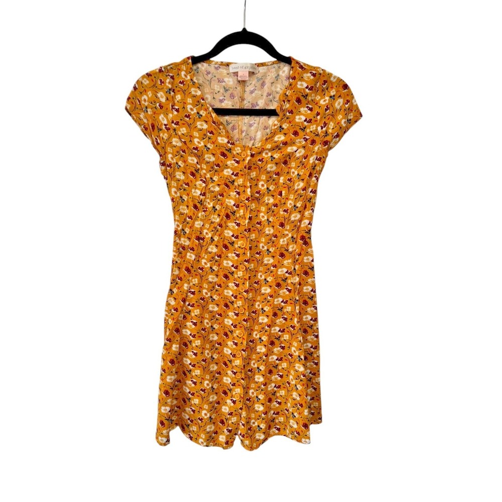 Band Of Gypsies Yellow/Floral Short Sleeve Mini Sundress With Lace Up Corset- S